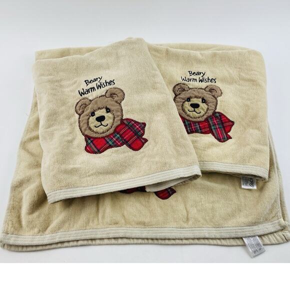 Vintage Christmas Body Towels Set 3 Teddy Bear Tartan Beary Warm Wishes Bathwork - Picture 12 of 15